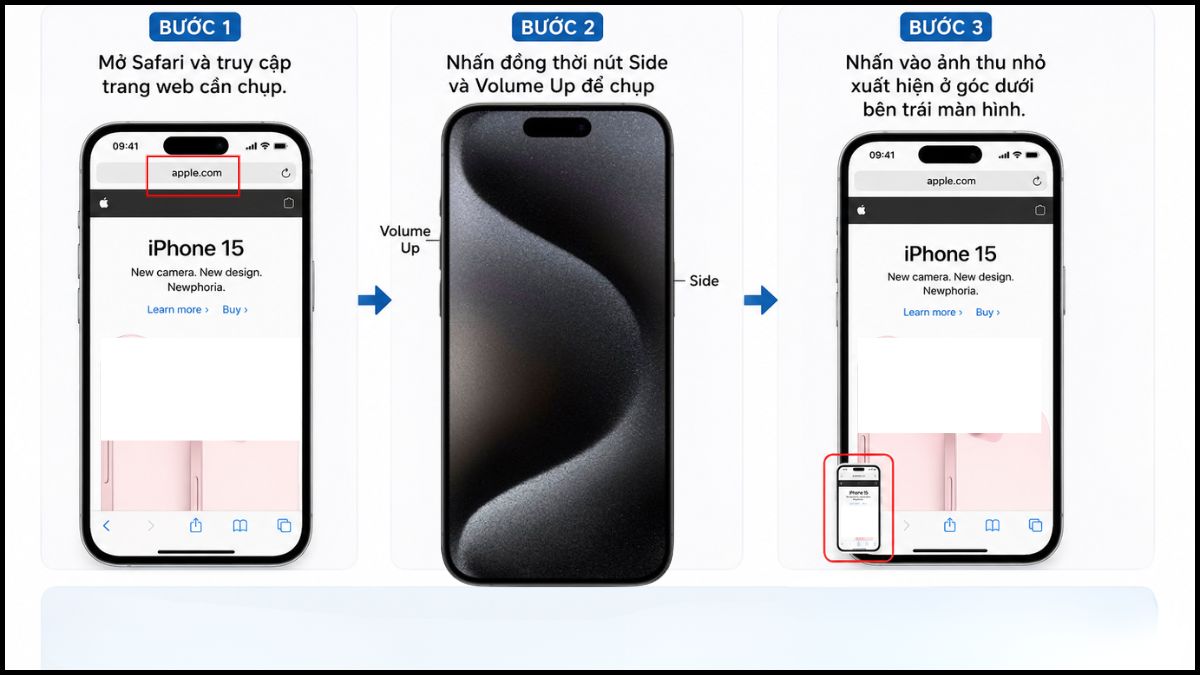 Cách chụp màn hình toàn bộ trang website trên iPhone 15 - bước 1,2,3