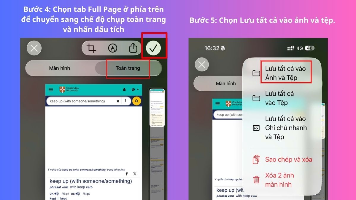 Cách chụp màn hình toàn bộ trang website trên iPhone 15 - bước 4,5