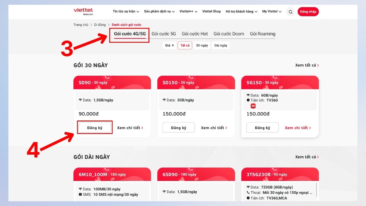 Đăng ký 4G viettel trực tuyến trên website viettel.vn - bước 2