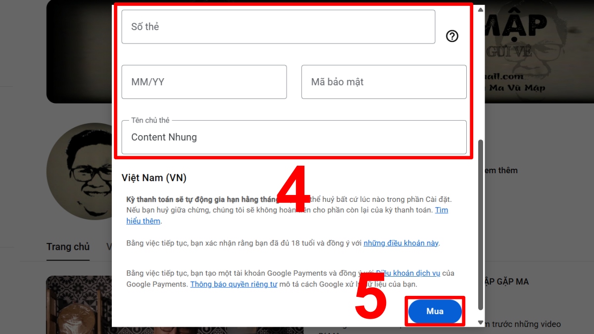 Cách đăng ký hội viên Youtube trên máy tính - bước 3