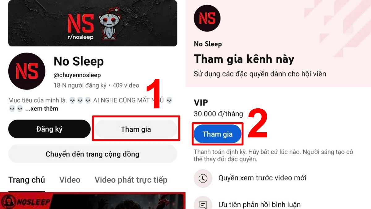 Cách đăng ký hội viên Youtube trên điện thoại - bước 1,2