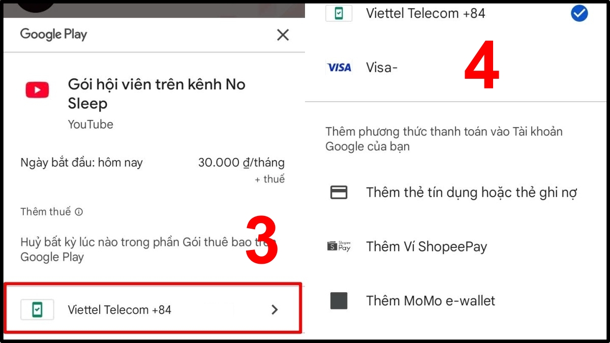 Cách đăng ký hội viên Youtube trên điện thoại - bước 3,4