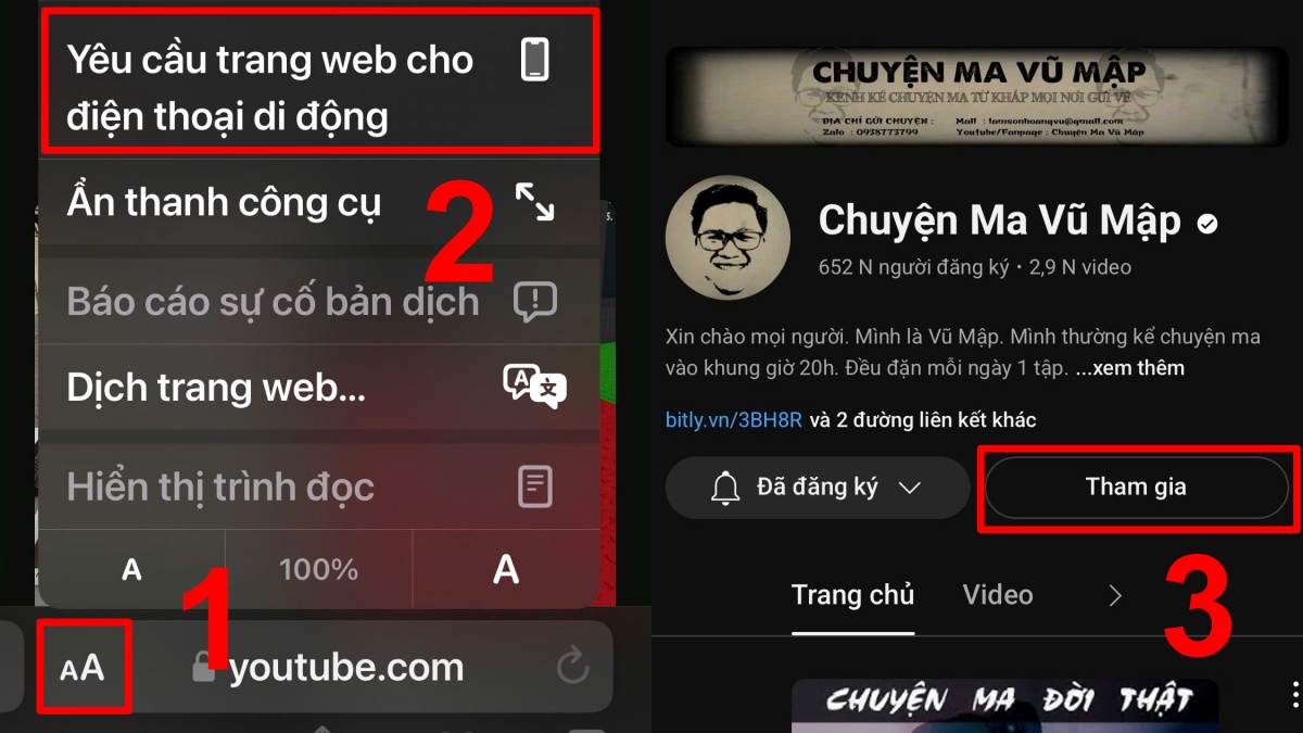 Hướng dẫn đăng ký hội viên Youtube trên iOS - bước 1,2
