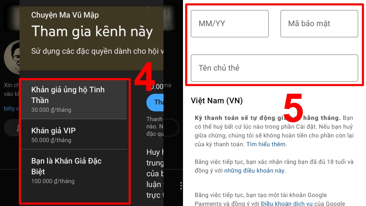 Hướng dẫn đăng ký hội viên Youtube trên iOS - bước 3,4
