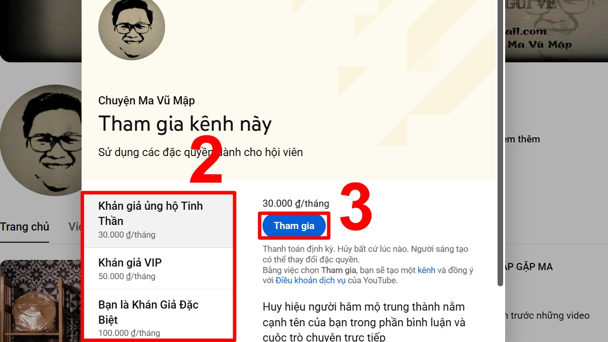 Cách đăng ký hội viên Youtube trên máy tính - bước 2