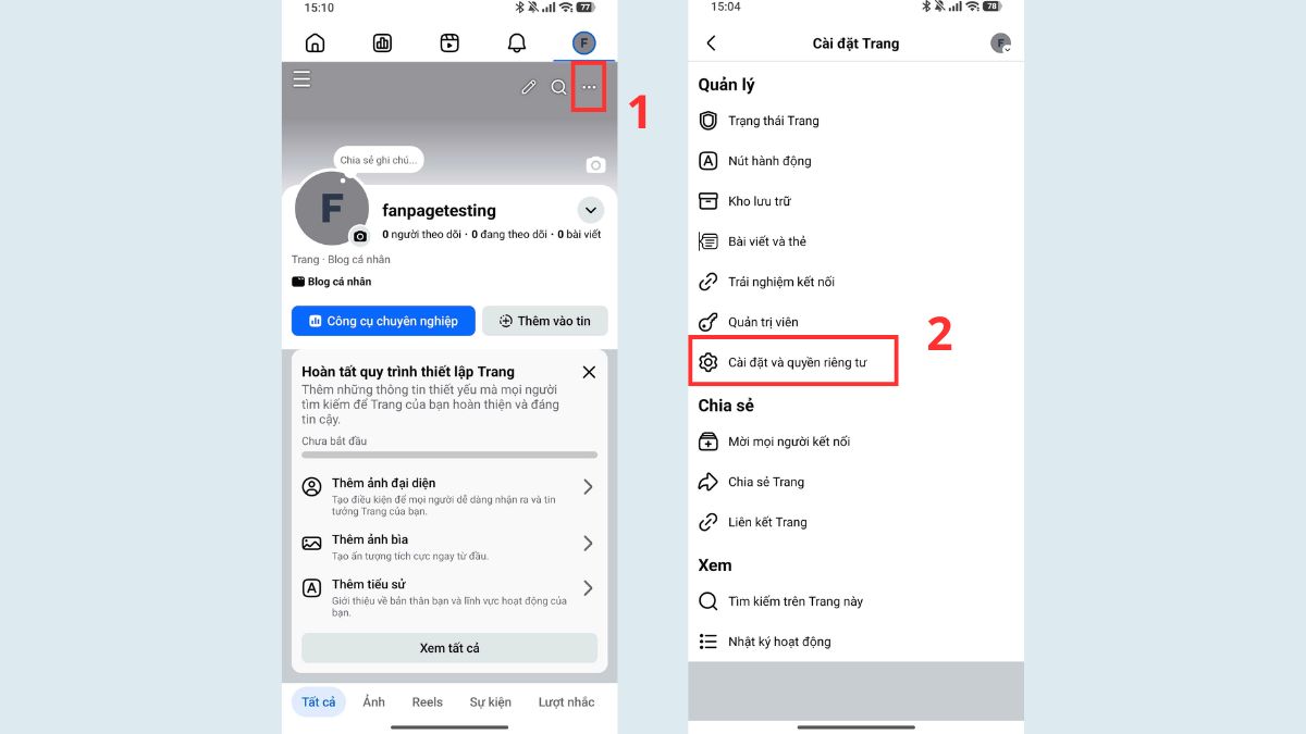 Cách mở đánh giá page Facebook dành cho admin - bước 1