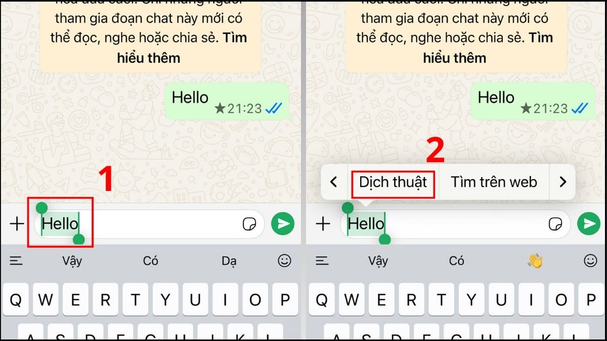 Dịch tin nhắn trên WhatsApp bằng iPhone - bước 1,2