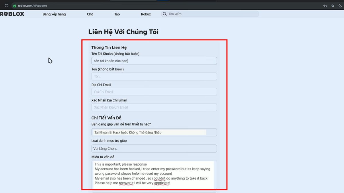 Cách xử lý khi tài khoản Roblox bị hack đổi thông tin - bước 2