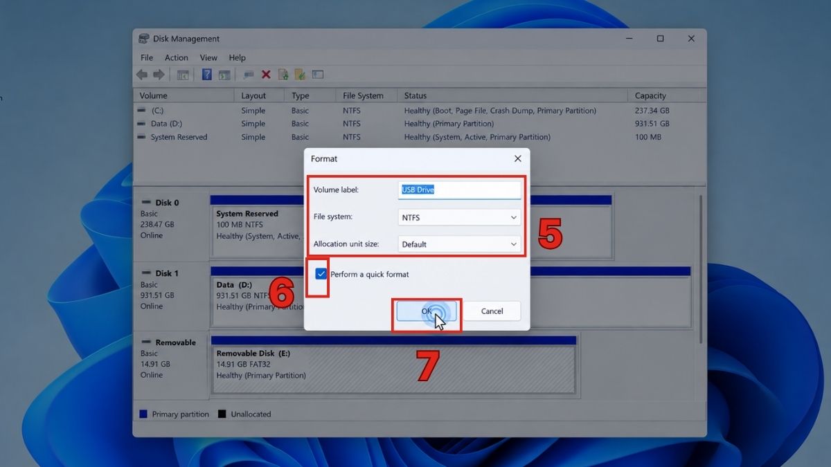 Format USB bằng Disk Management - bước 4