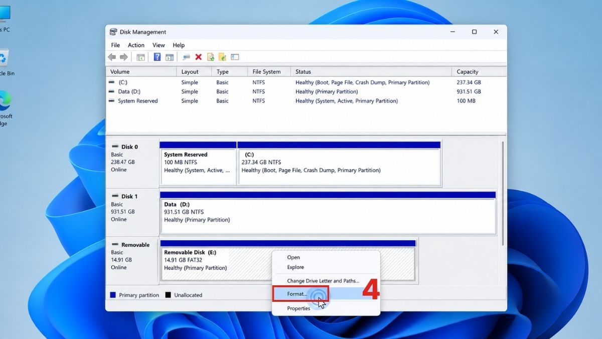 Format USB bằng Disk Management - bước 3