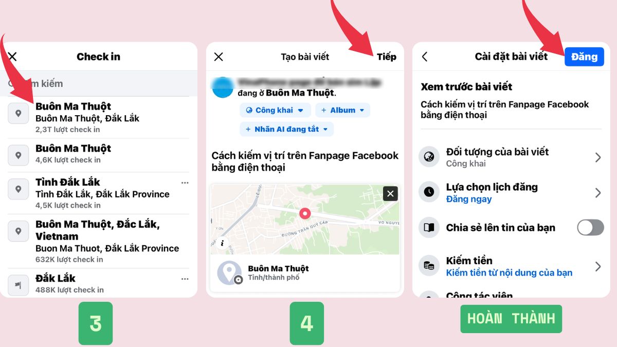 Cách ghim vị trí trên Fanpage Facebook bằng điện thoại - bước 3,4
