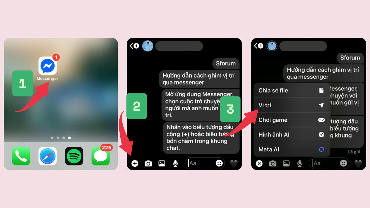 Hướng dẫn cách ghim vị trí qua Messenger - bước 1,2,3