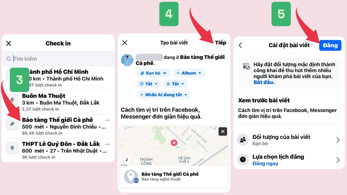 Cách ghim vị trí trên bài viết Facebook bằng điện thoại - bước 3,4,5