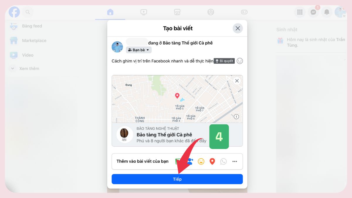 Cách ghim vị trí trên bài viết Facebook bằng máy tính - bước 4
