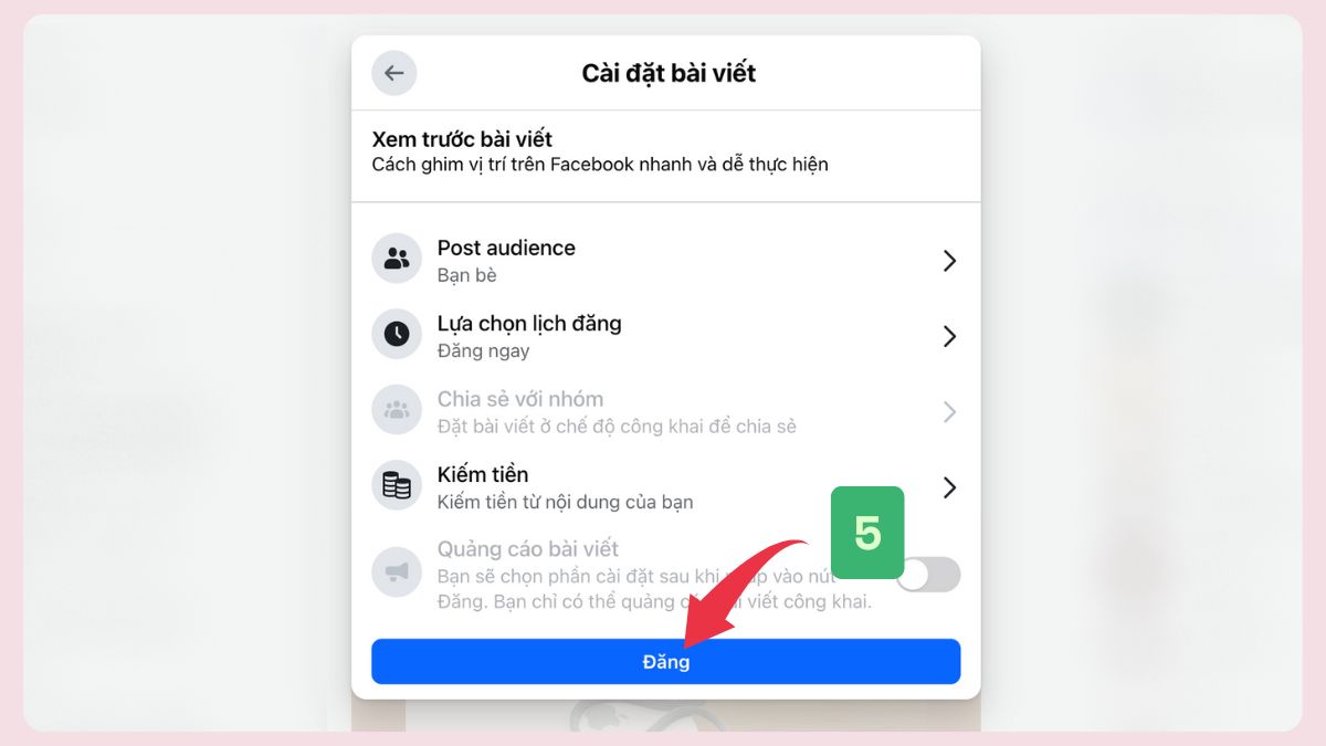 Cách ghim vị trí trên bài viết Facebook bằng máy tính - bước 5