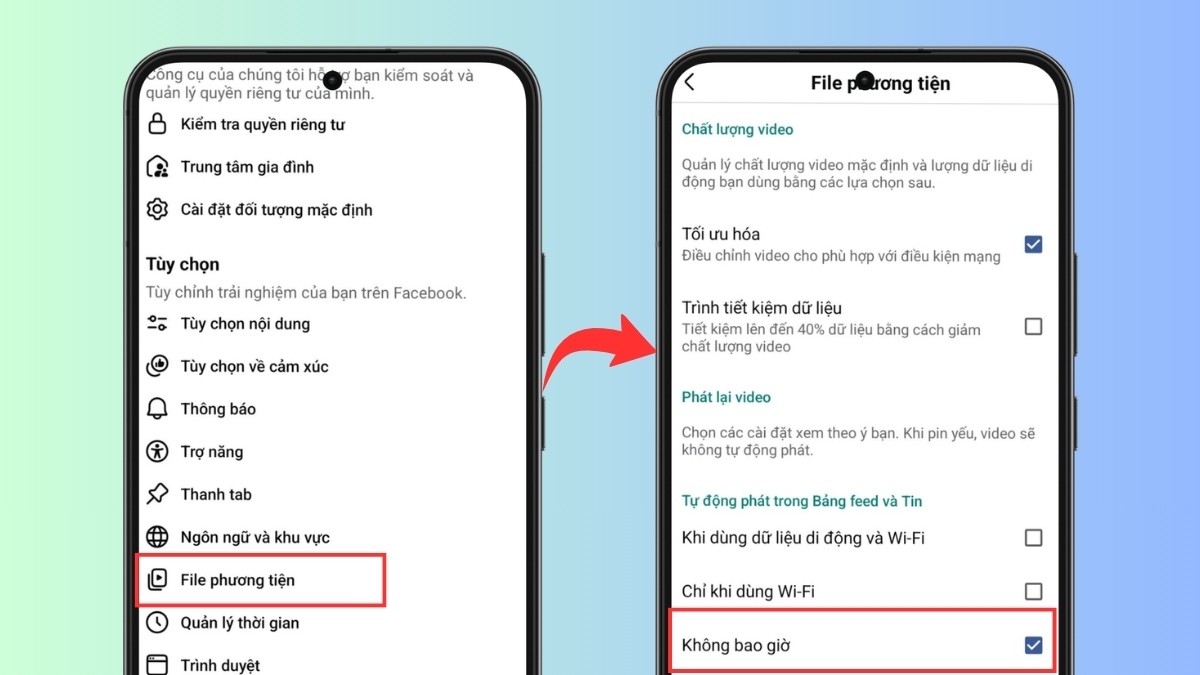 Cách giải phóng dung lượng Facebook trên Android tắt tự động phát video - bước 3,4