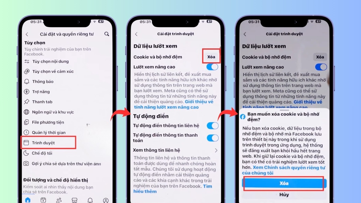 Xóa bộ nhớ đệm trực tiếp trong ứng dụng Facebook - bước 3,4
