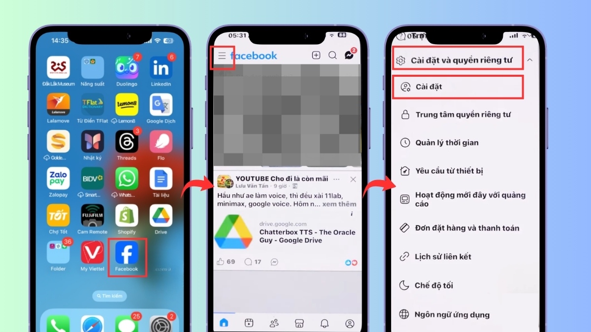 Cách giải phóng dung lượng Facebook trên iPhone tắt tính năng tự động tải - bước 1,2