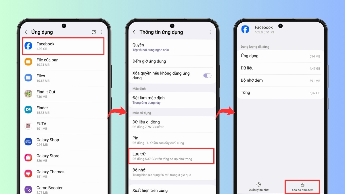 Cách giải phóng dung lượng Facebook trên Android xóa bộ nhớ đệm - bước 2,3