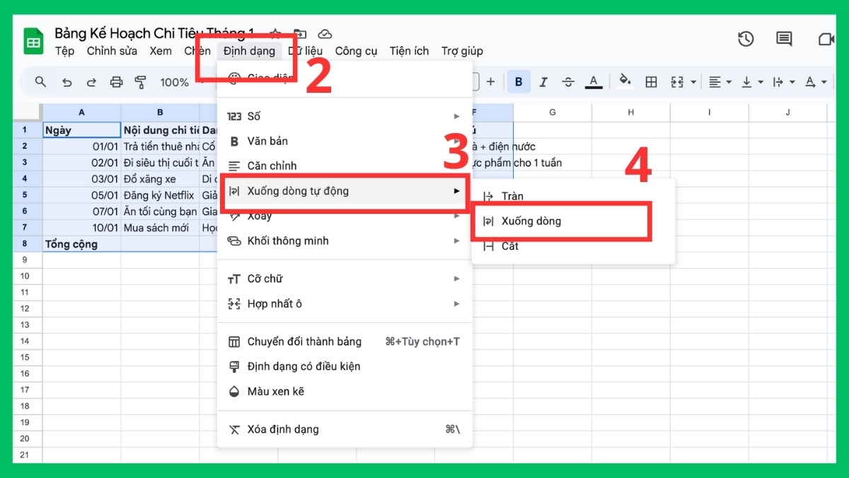 Cách giãn dòng trong Google Sheet tự động - bước 2,3,4