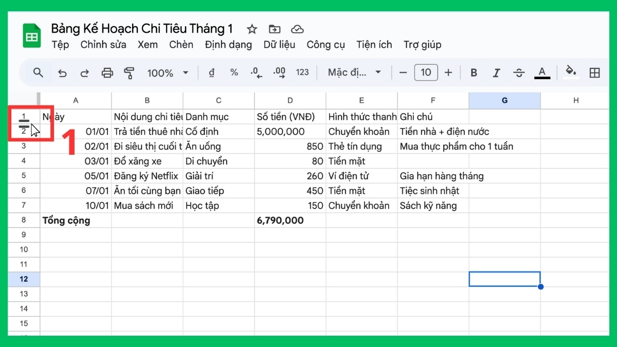 Cách giãn dòng trong Google Sheet thủ công - bước 1