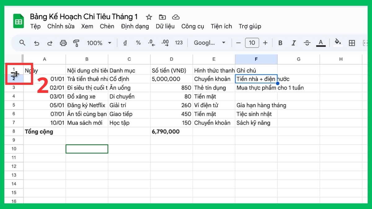 Cách giãn dòng trong Google Sheet thủ công - bước 2