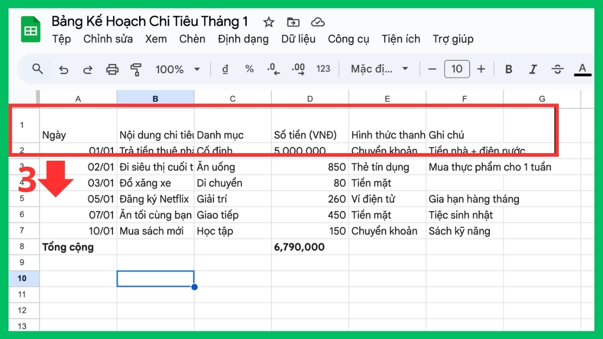Cách giãn dòng trong Google Sheet thủ công - bước 3