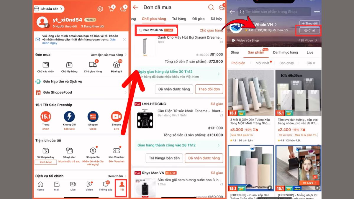 Hướng dẫn cách hủy đơn hàng Shopee lần 2 tham khảo - liên hệ trực tiếp với shop - bước 1,2,3