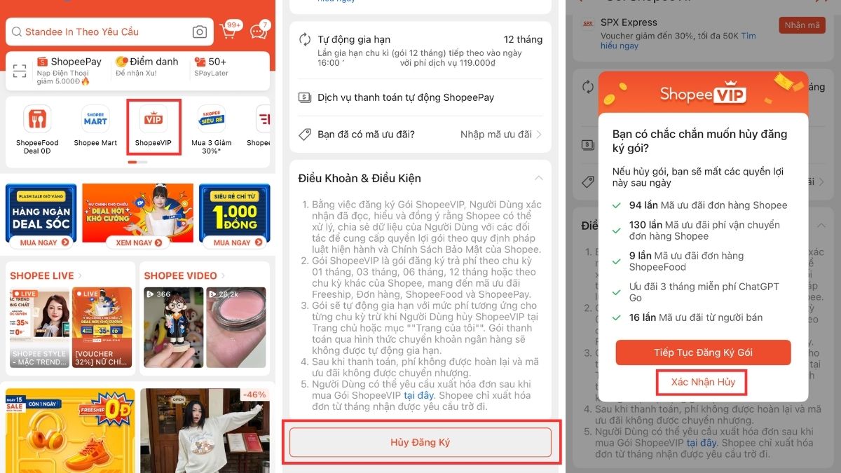Huỷ đăng ký Shopee VIP trên điện thoại - bước 1,2, 3