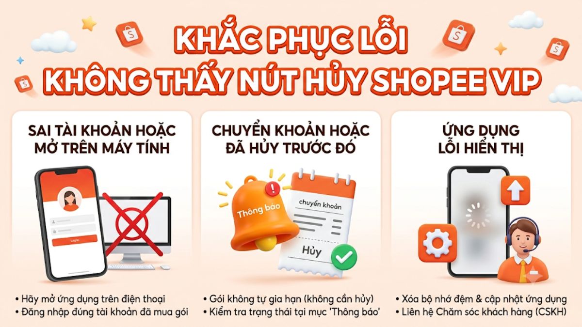 Khắc phục lỗi không thấy nút hủy Shopee VIP