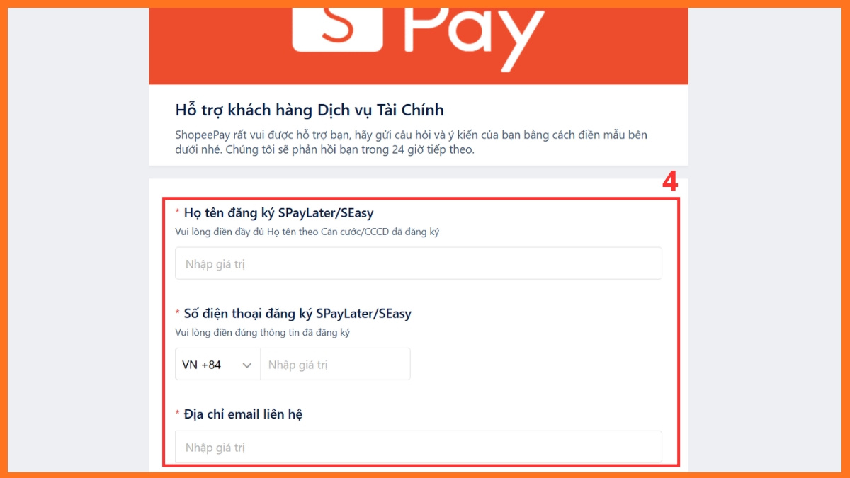 Gửi yêu cầu hỗ trợ SPayLater qua biểu mẫu trực tuyến - bước 3