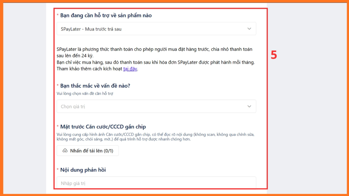 Gửi yêu cầu hỗ trợ SPayLater qua biểu mẫu trực tuyến - bước 4