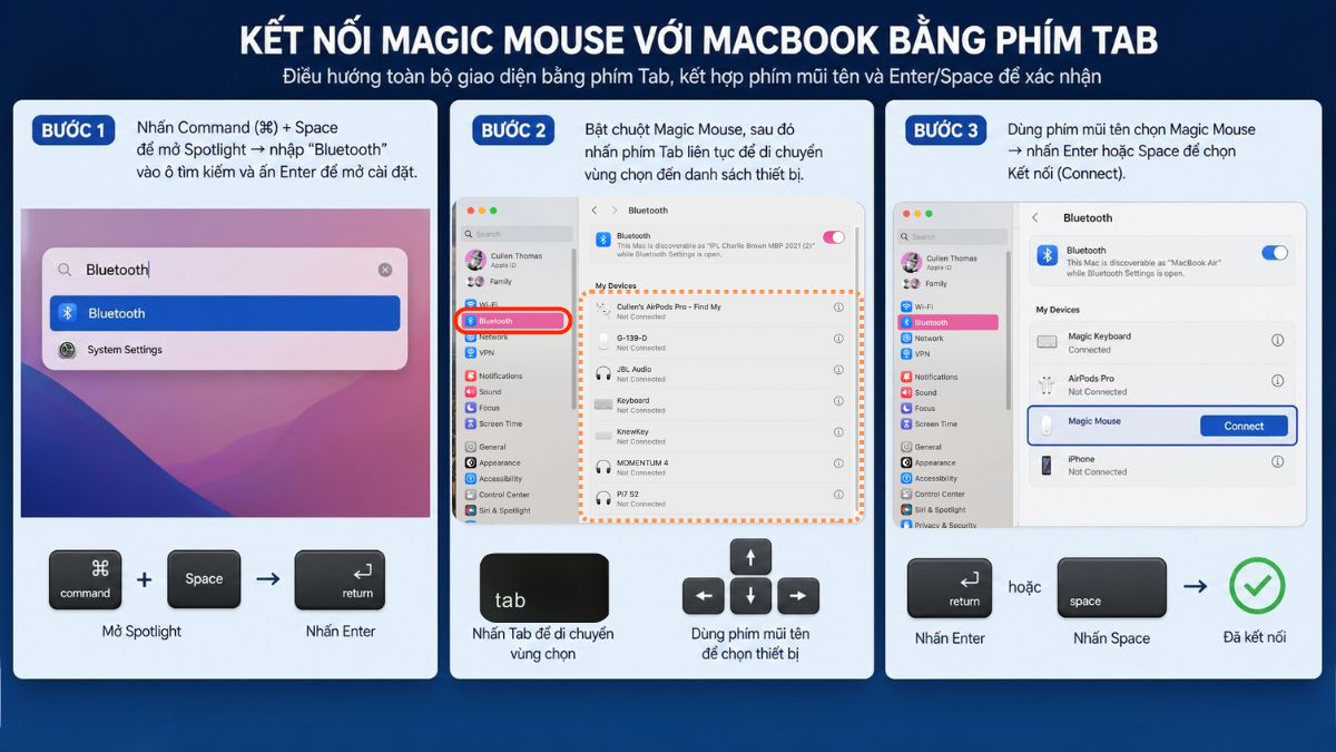 Cách kết nối Magic Mouse với MacBook qua Bluetooth qua bằng phím tab - bước 1