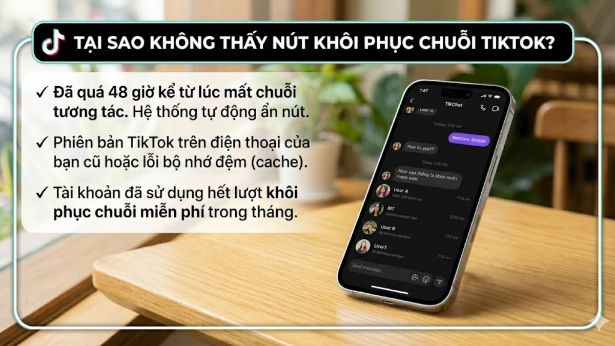 Vì sao không thấy nút khôi phục chuỗi TikTok?