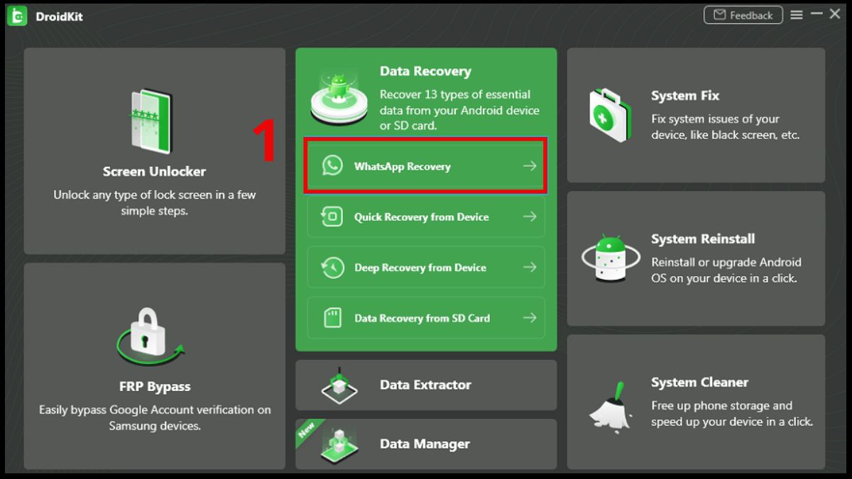 Các cách khôi phục tin nhắn WhatsApp không cần sao lưu sử dụng droidkit - bước 1