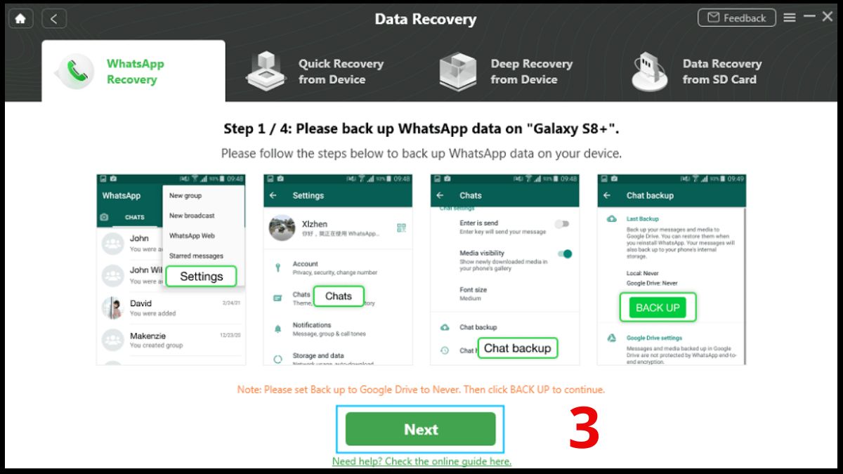 Các cách khôi phục tin nhắn WhatsApp không cần sao lưu sử dụng droidkit - bước 3