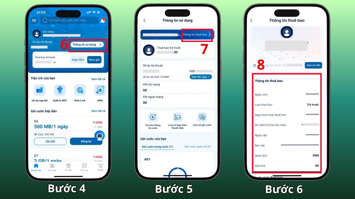 cách kiểm tra sim chính chủ MobiFone qua ứng dụng MobiFone - bước 4,5,6
