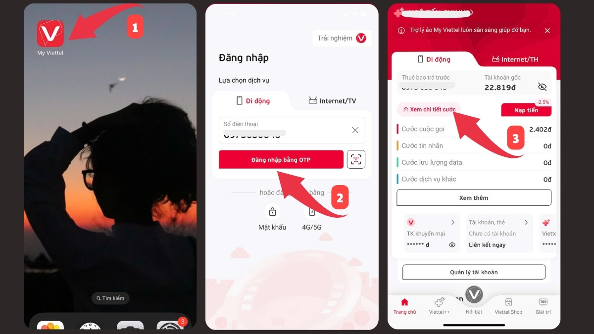 Kiểm tra tài khoản trả trước bằng app My Viettel