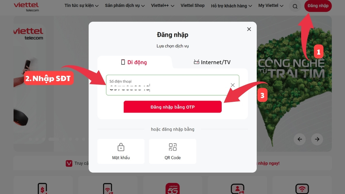 Kiểm tra tài khoản trả trước qua website Viettel - bước 1