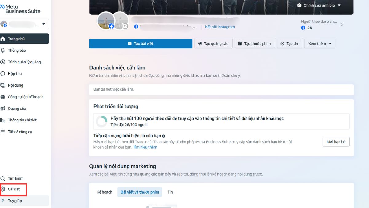 Xem ID Fanpage Facebook qua Meta Business Suite (dành cho quản trị viên) - bước 1