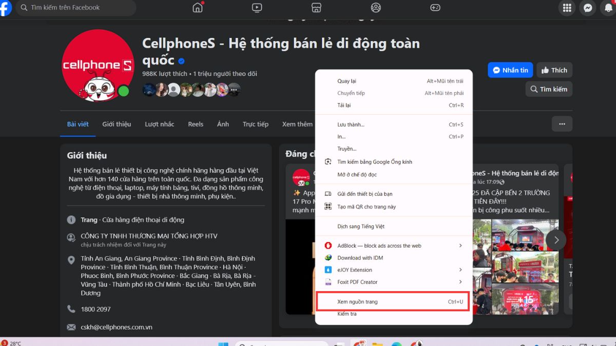 Xem ID Fanpage Facebook từ mã nguồn trang (View Page Source) - bước 2