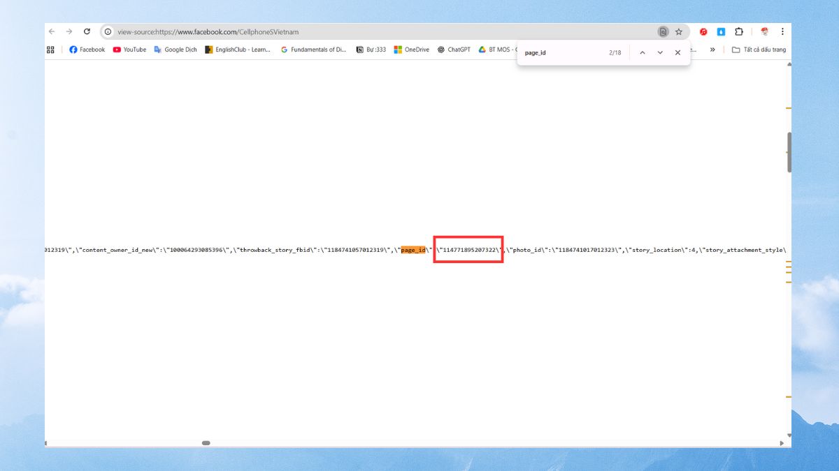 Xem ID Fanpage Facebook từ mã nguồn trang (View Page Source) - bước 3