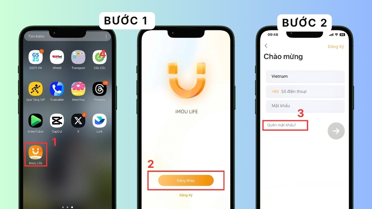 Lấy lại mật khẩu tài khoản Imou Life trên điện thoại - bước 1,2,3