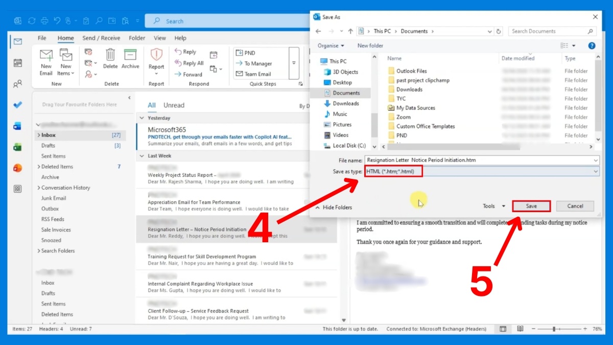 Lưu email outlook dưới dạng HTML - bước 3