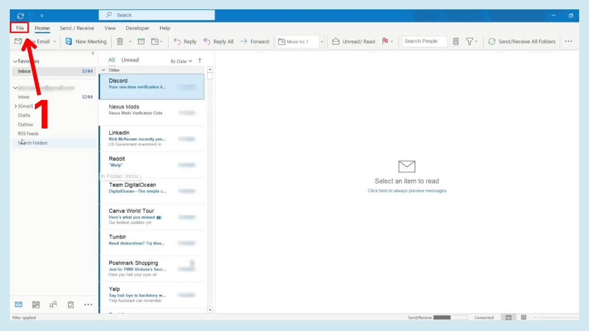 Cách lưu email Outlook khi bị đầy bằng file PST - bước 1