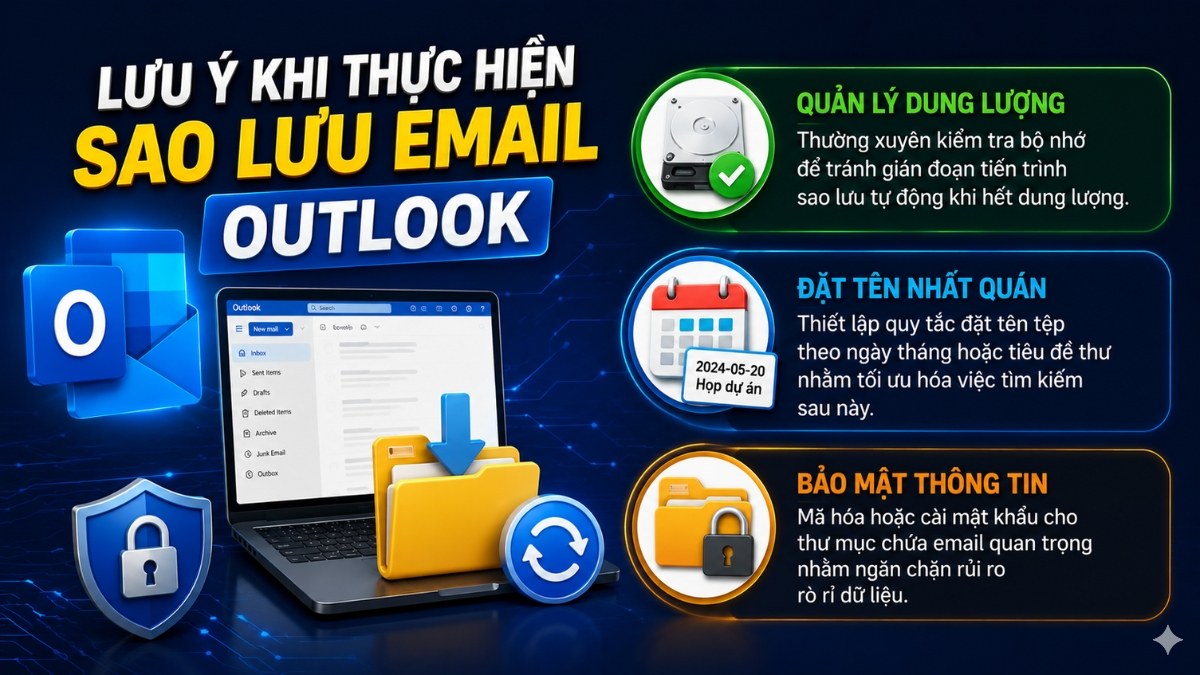 Lưu ý khi thực hiện sao lưu email Outlook