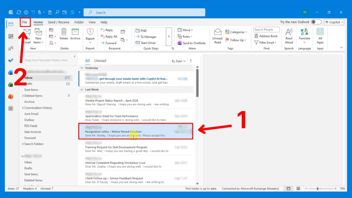 Lưu email outlook dưới dạng HTML - bước 1