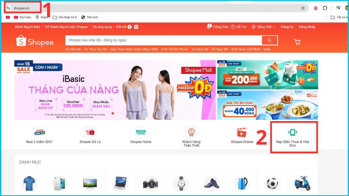 Cách mua thẻ Garena trực tiếp trên website Shopee.vn - bước 1,2