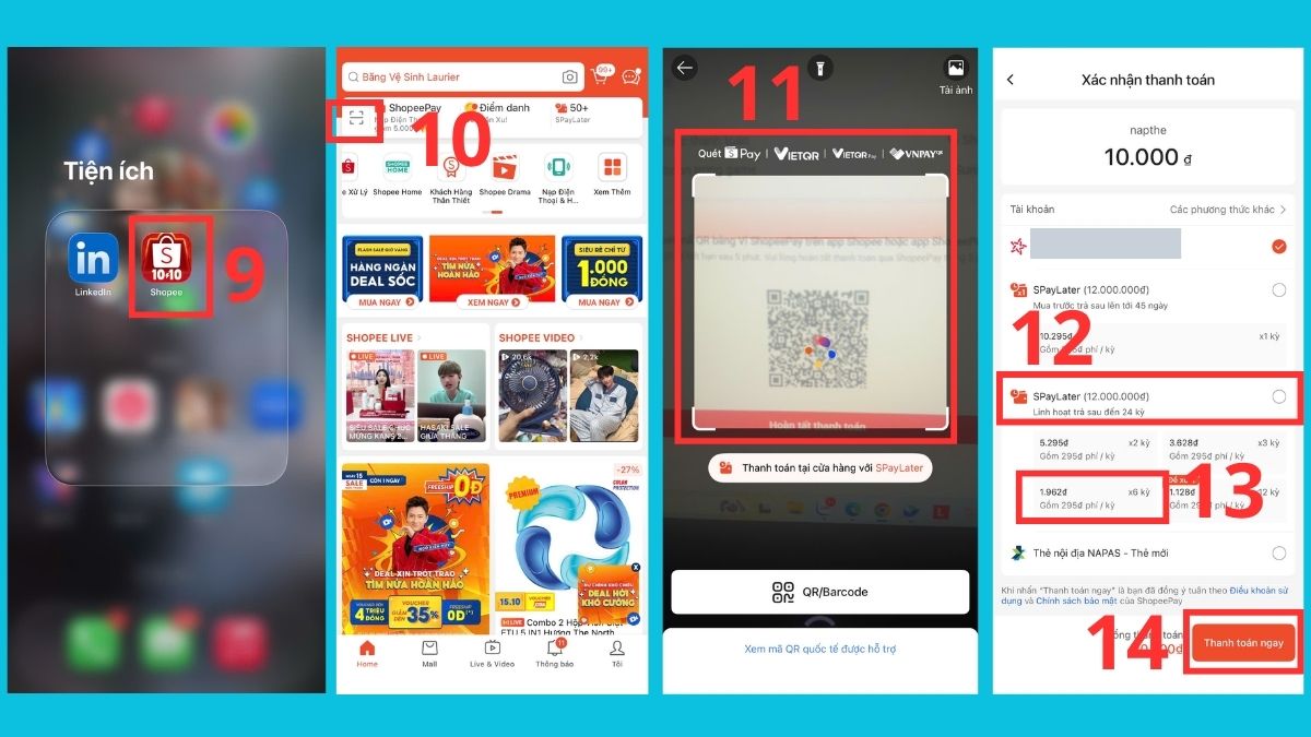 Cách mua thẻ Garena bằng SPayLater trả sau - bước 9, 10, 11, 12, 13, 14
