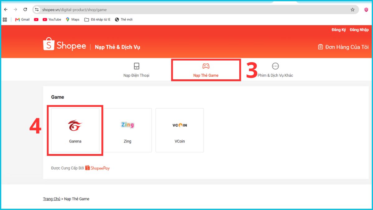 Cách mua thẻ Garena trực tiếp trên website Shopee.vn - bước 3,4